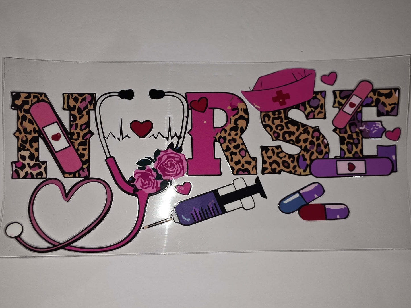 Cute Nurse Leopard Print Tumbler Wrap | Pink Stethoscope, Band-Aids, Syringe & Pills Design