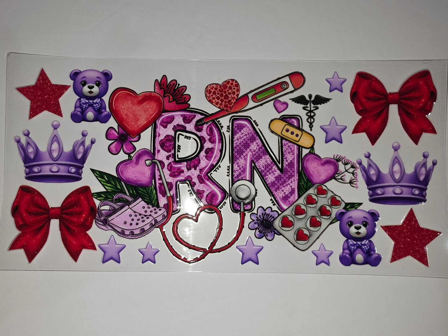 Cute RN Nurse Tumbler Wrap Design - Purple & Pink Leopard, Hearts, Bears, Crowns