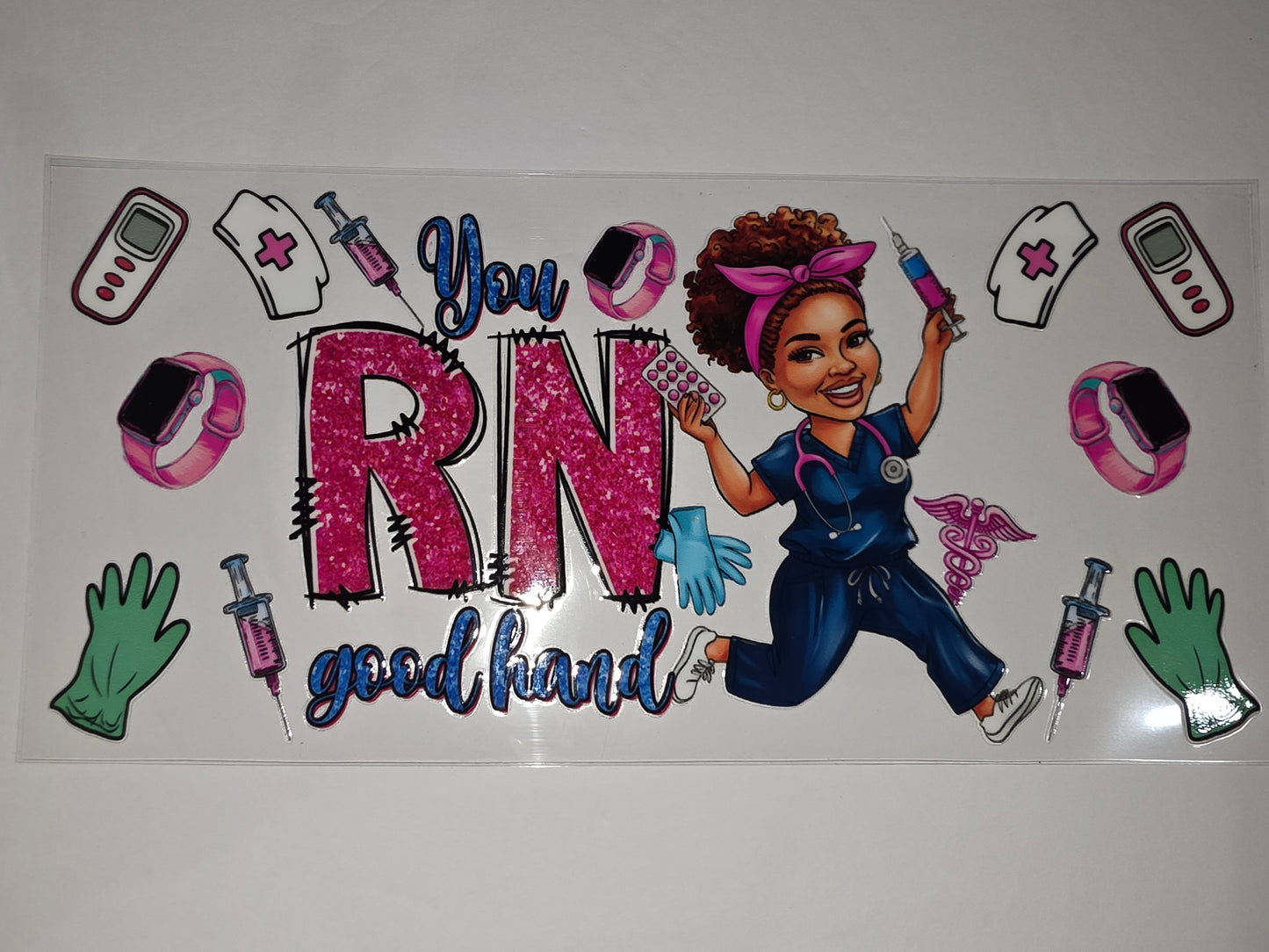 RN "You Got This" Nurse Tumbler Wrap - Pink Glitter, Blue, Medical Icons
