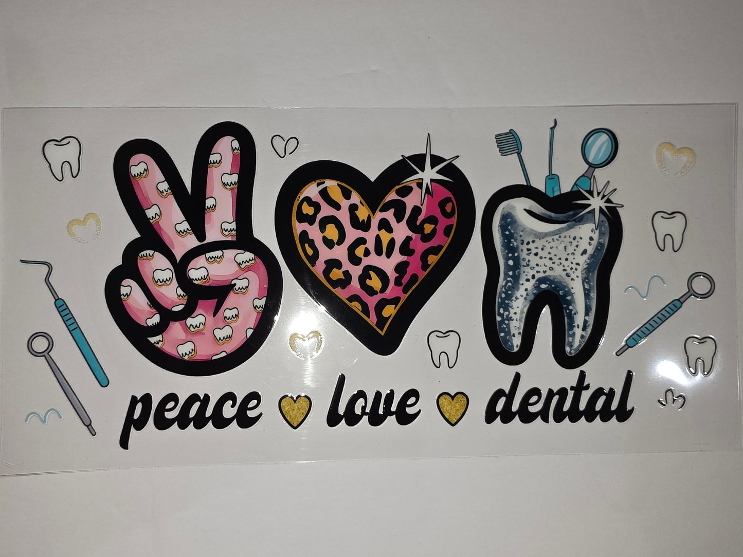 Peace Love Dental Tumbler Wrap - Leopard Heart, Tooth, Dental Tools - Pink, Blue, Silver