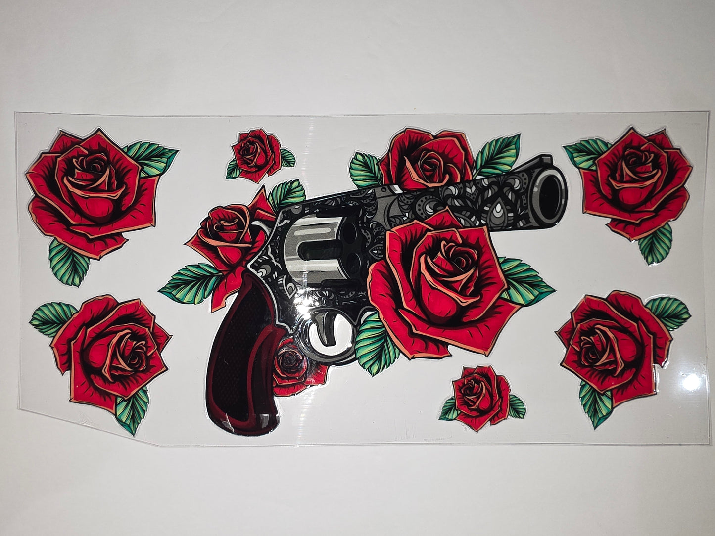 Red Rose Revolver Tumbler Wrap | Tattoo Style Gun & Floral Design