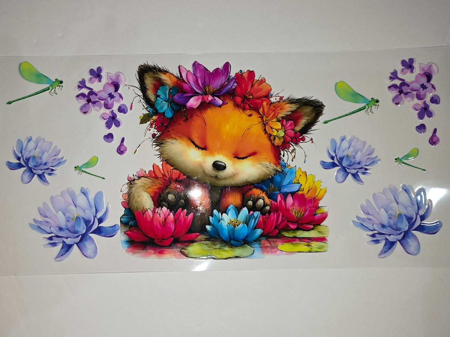 Cute Sleeping Fox Floral Tumbler Wrap - Watercolor Flowers & Dragonflies