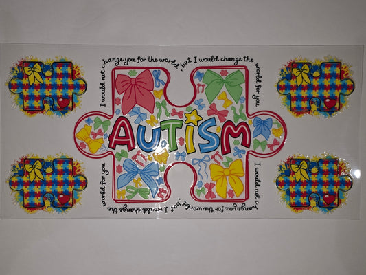 Autism Awareness Puzzle Piece Tumbler Wrap - Colorful Bows & Heart Design