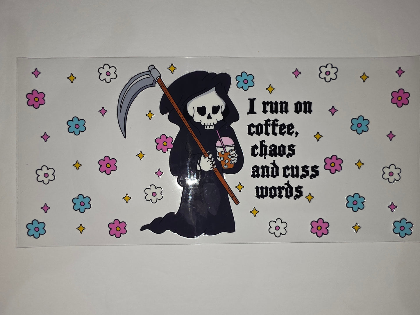 Grim Reaper Coffee Chaos Tumbler Wrap | Cute Skull Reaper Drinkware Decal