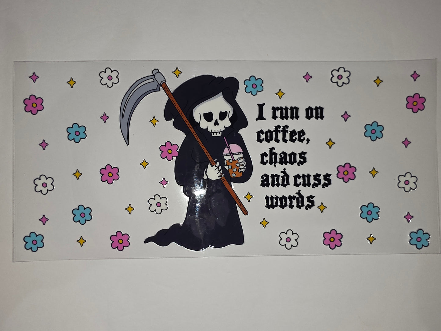 Grim Reaper Coffee Chaos Tumbler Wrap | Cute Skull, Flowers, Stars | Funny Drinkware Design