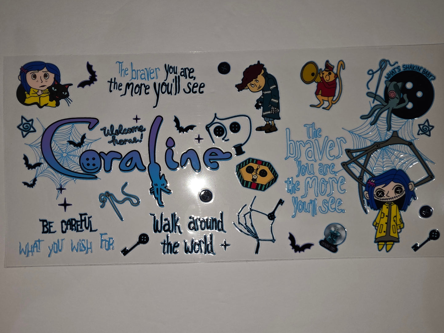 Coraline Inspired Tumbler Wrap - Blue, Purple, Yellow - Spooky Cute Design