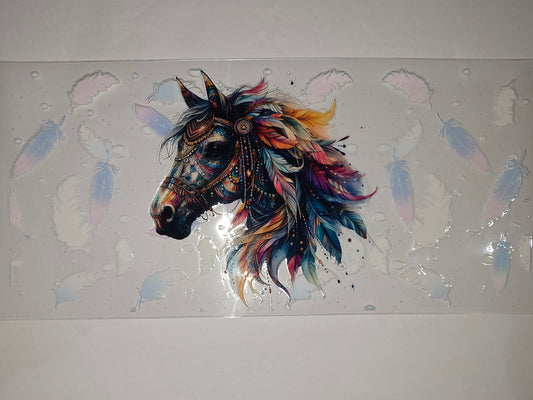 Boho Feather Horse Tumbler Wrap - Vibrant Rainbow Colors & Dreamcatcher Style