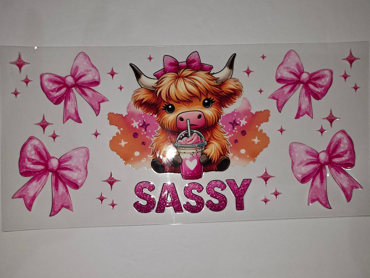 Sassy Highland Cow Tumbler Wrap - Pink Bows & Glitter Stars Design