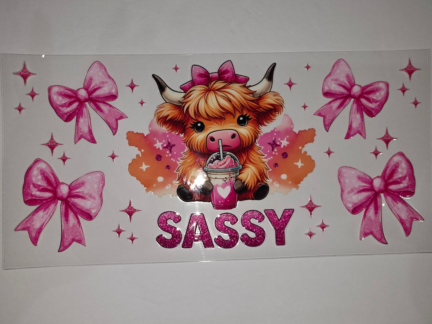 Sassy Highland Cow Tumbler Wrap - Pink Bows & Sparkles Design