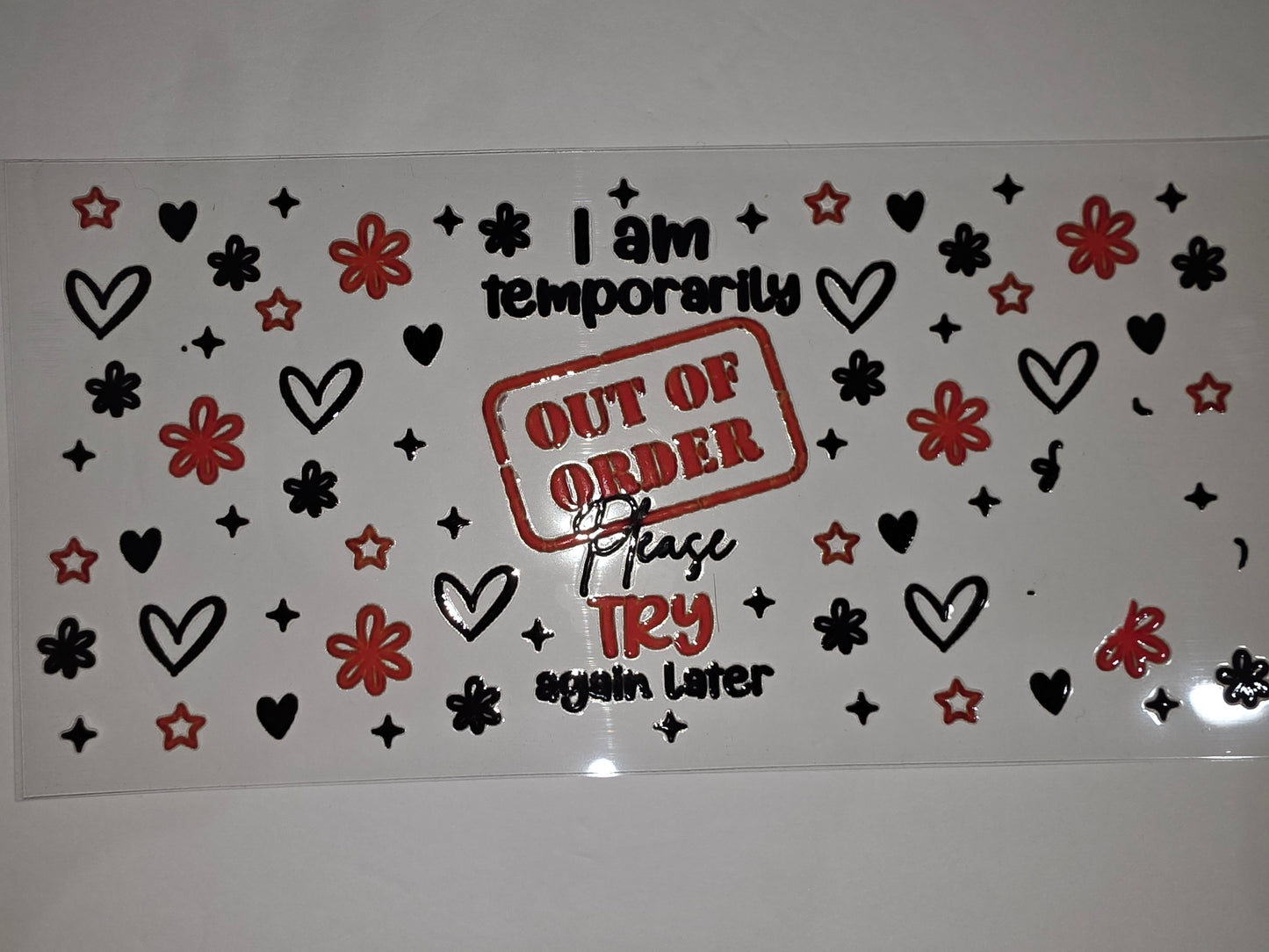 Out of Order Tumbler Wrap - Red & Black Hearts, Flowers, Stars - Funny Drinkware Decal