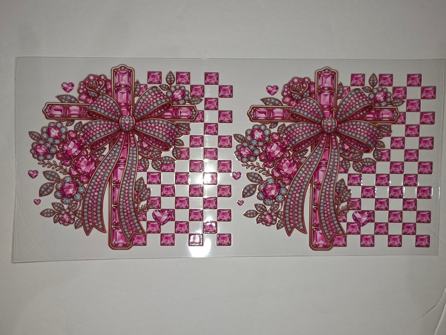 Pink Gemstone Cross Tumbler Wrap - Bow, Flowers, Hearts, Checkered Pattern
