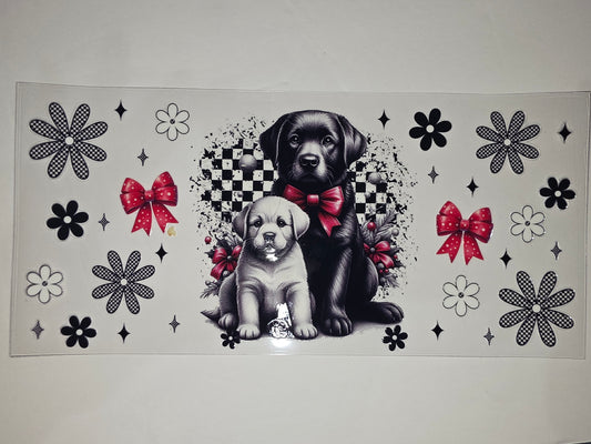Black & White Dog Puppy Tumbler Wrap with Red Bows & Checkerboard Flowers