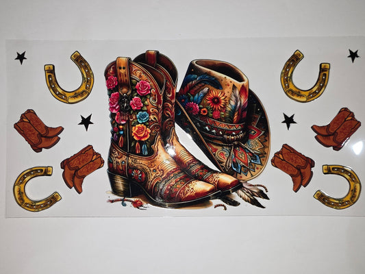 Western Cowboy Boots & Hat Tumbler Wrap | Floral & Feather Design | Rustic Charm