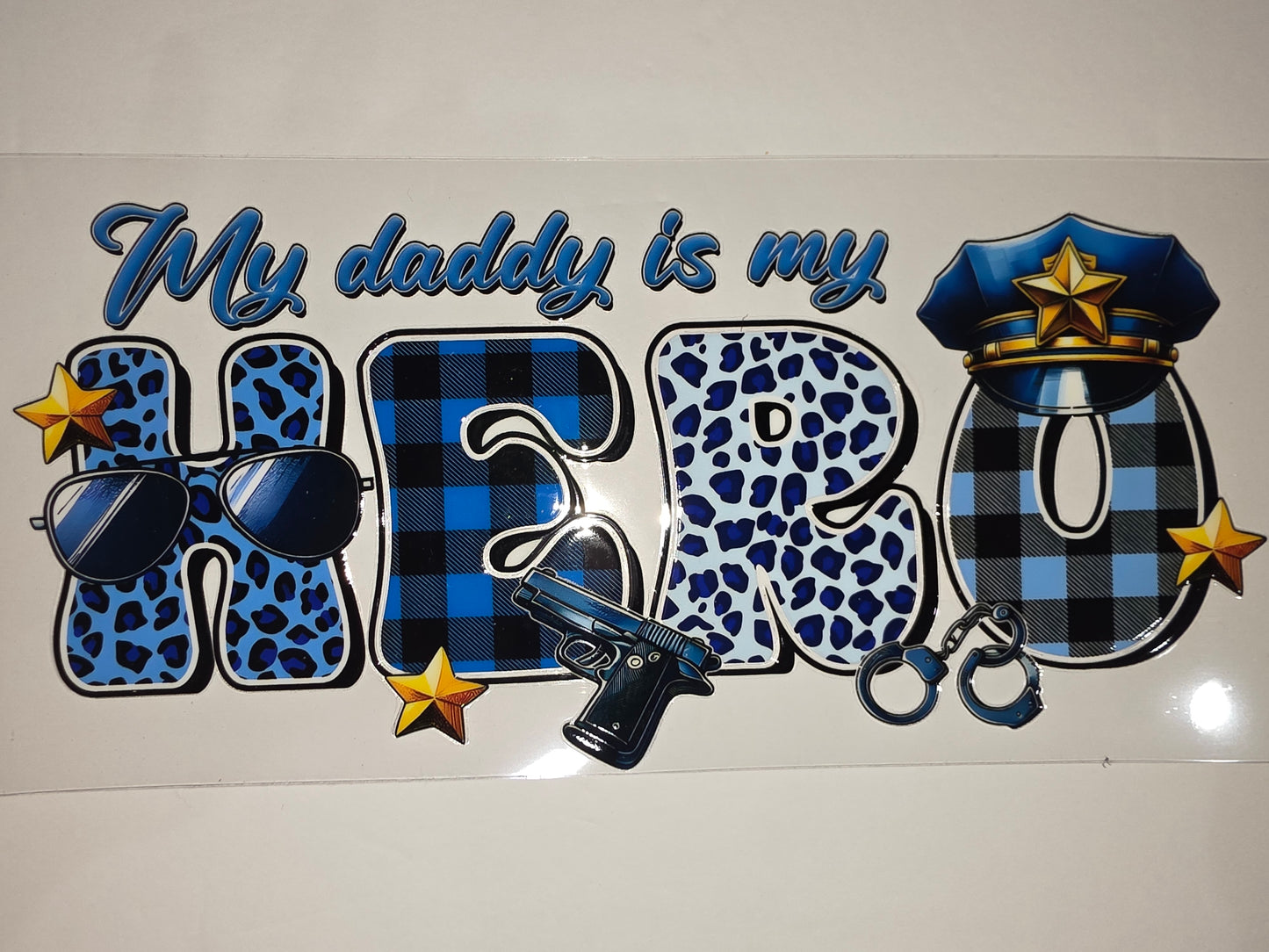 Blue Plaid & Leopard "My Daddy is My Hero" Police Tumbler Wrap | Cop Gift