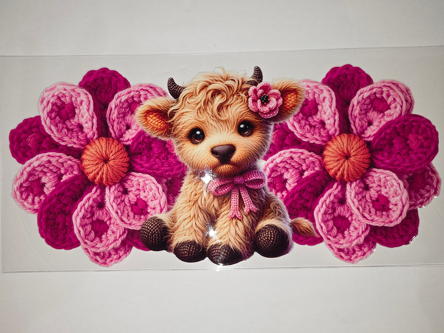 Cute Highland Cow & Crochet Flowers Tumbler Wrap - Pink & Magenta
