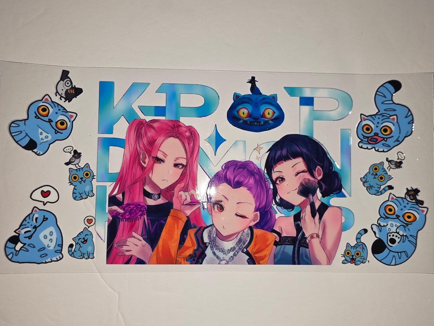 K-Pop Anime Girls & Blue Cats Tumbler Wrap | Vibrant Pink, Blue & Orange Design
