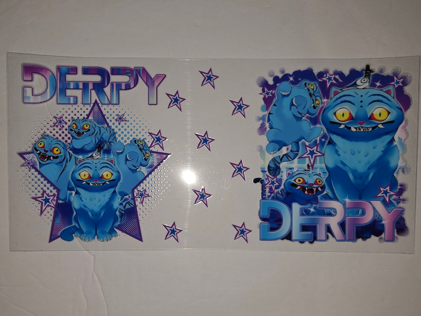 Derpy Blue Cat Tumbler Wrap - Kawaii Cartoon Stars Design