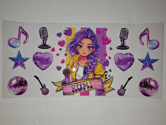 Anime Singer Tumbler Wrap - Purple Hair, Music Notes, Hearts, Disco Balls & Guitars