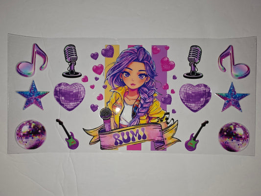 Anime Singer Tumbler Wrap - Purple Hair, Music Notes, Disco Balls, Hearts & Guitars