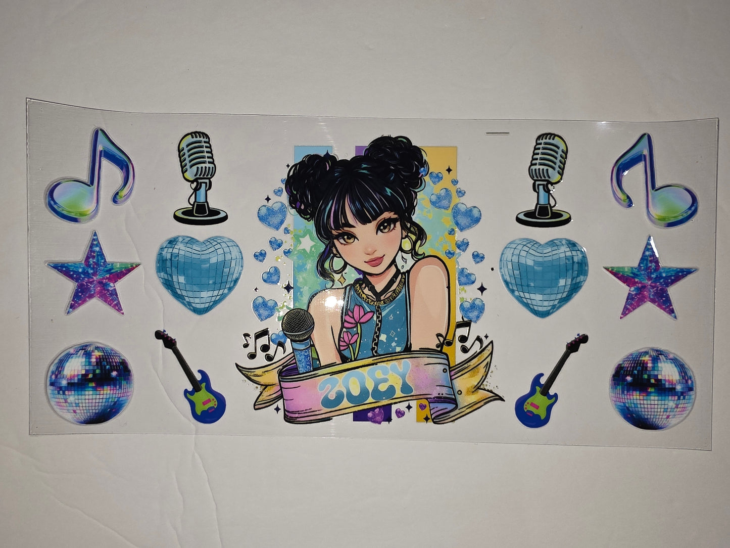 Pop Star Zoey Tumbler Wrap - Music, Disco Ball & Guitar Design - Vibrant Colors