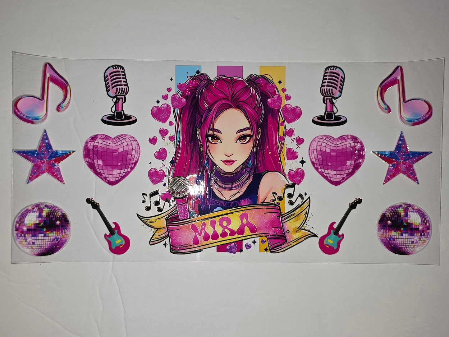 K-Pop Star Tumbler Wrap - Pink Anime Girl, Music Notes, Disco Balls, Guitars