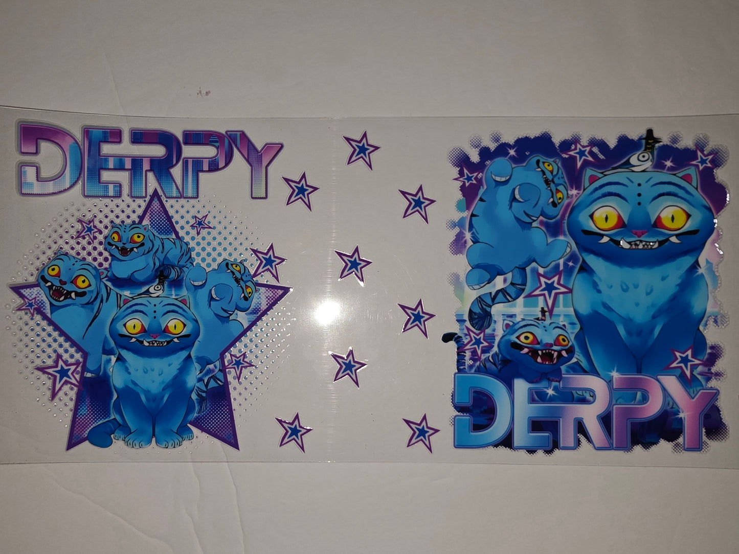 Derpy Blue Cat Tumbler Wrap - Whimsical Cartoon Feline Design with Stars
