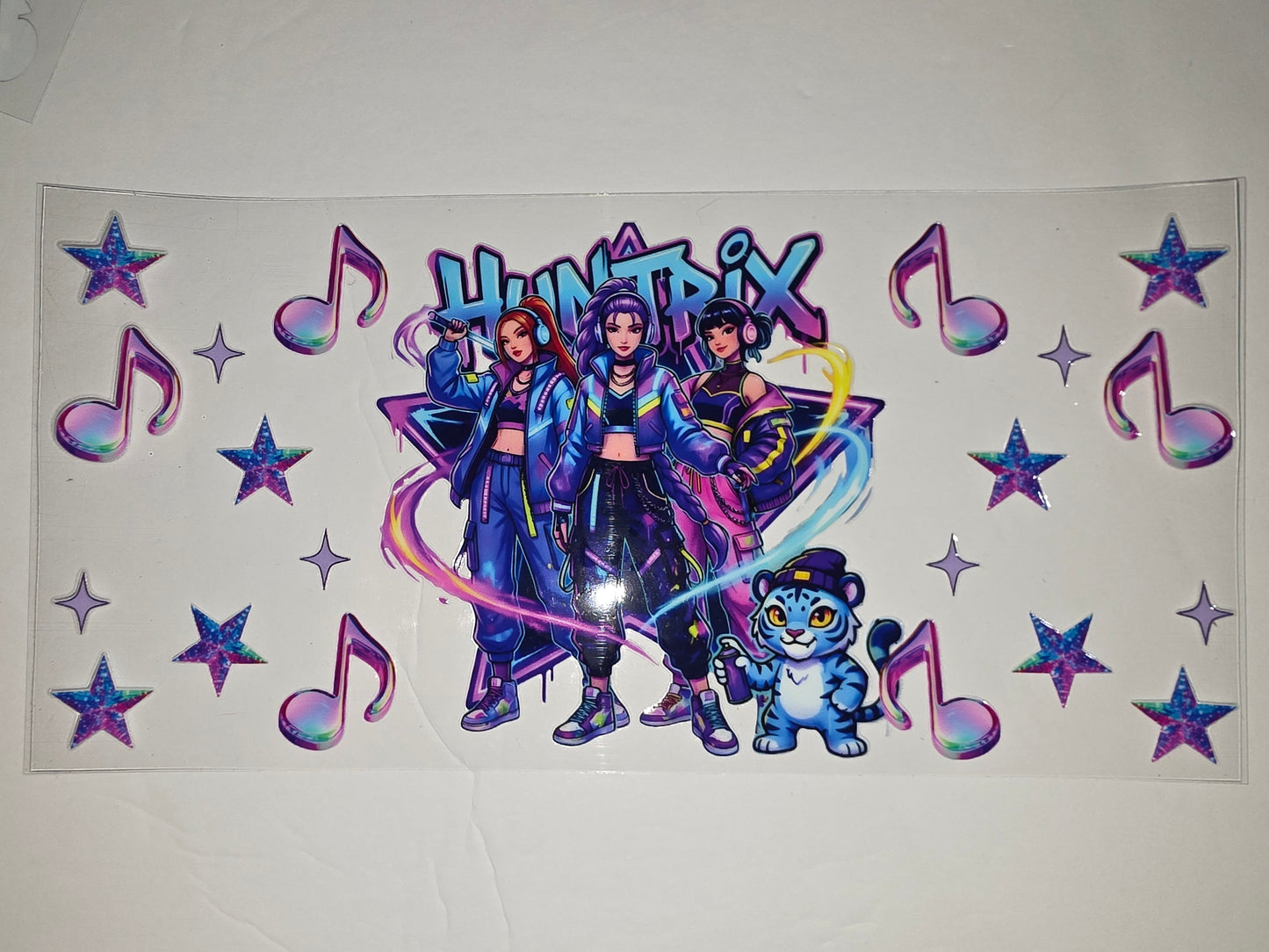 K-Pop Girl Group Tumbler Wrap - Neon Stars, Music Notes, Blue Tiger - Vibrant & Trendy
