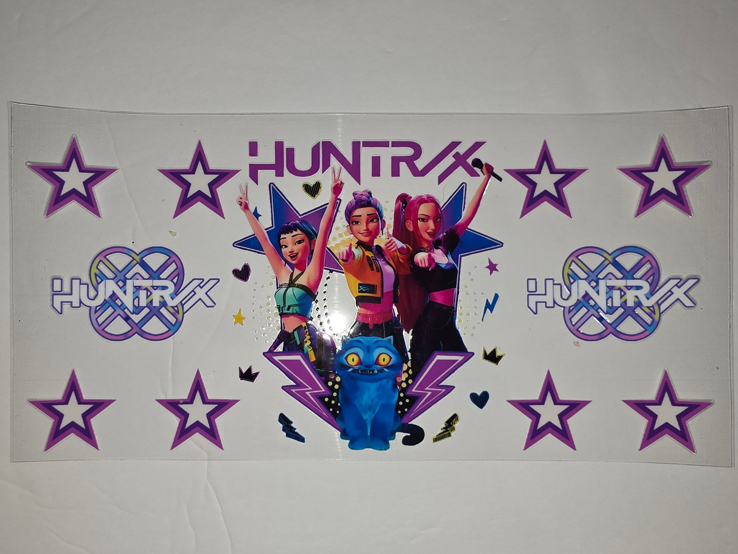K-Pop Girl Group Tumbler Wrap - Purple Stars, Blue Cat, Vibrant Anime Style