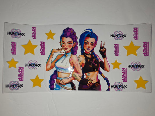 Anime K-Pop Inspired Tumbler Wrap - Purple & Blue Hair Girls, Stars, Pink & Blue Accents