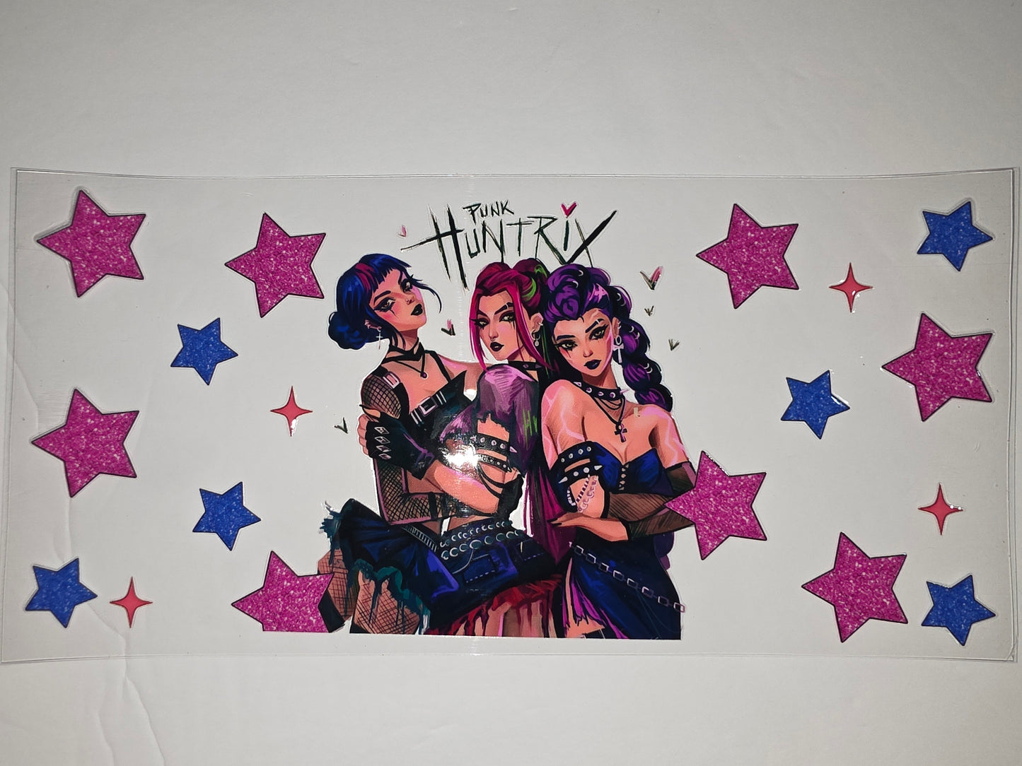 Punk Huntress Tumbler Wrap - Gothic Anime Girls, Stars, Pink & Blue Glitter Design
