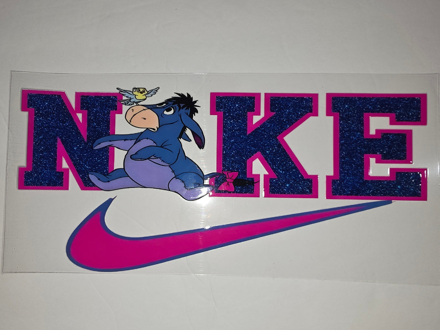 Eeyore Nike Inspired Tumbler Wrap - Blue Glitter & Pink Swoosh