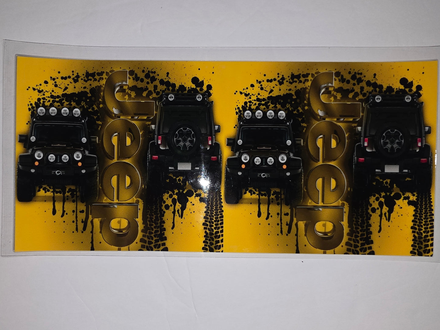 Black Jeep Wrangler Off-Road Tire Track Tumbler Wrap - Yellow Splatter Design