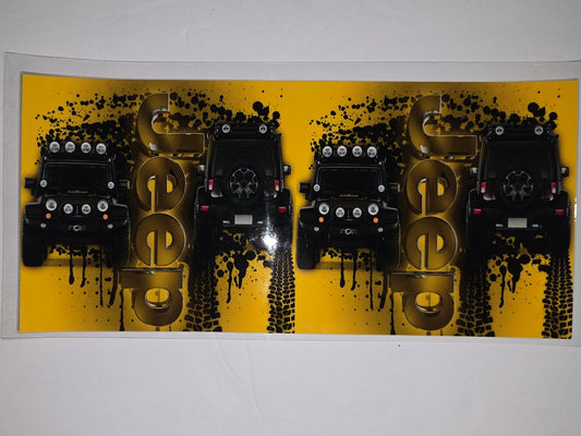 Black Jeep Wrangler Off-Road Tire Track Tumbler Wrap - Yellow Splatter Design