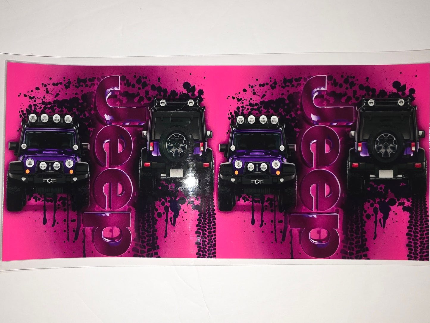 Purple Jeep Off-Road Tumbler Wrap - Pink Splatter & Tire Tracks Design