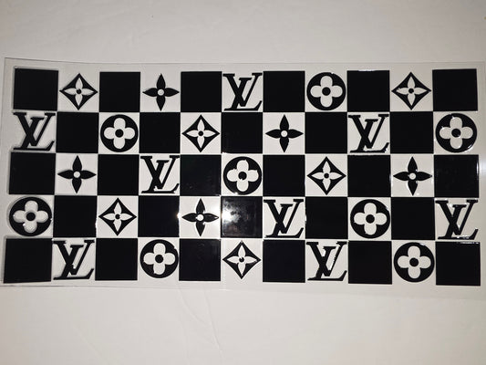 Black & White Checkerboard LV Flower Tumbler Wrap - Luxury Monogram Drinkware Decal