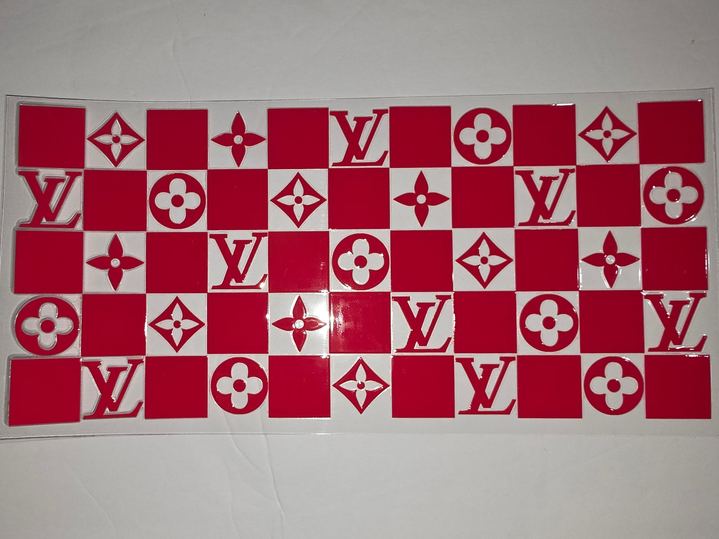 Red & White Checkerboard LV Flower Tumbler Wrap | Luxury Monogram Drinkware Design