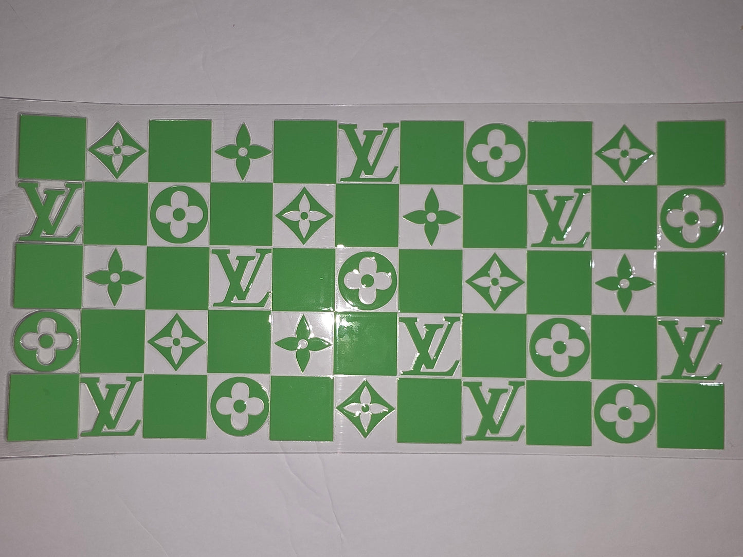Green & White LV Monogram Flower Checkerboard Tumbler Wrap | Luxury Drinkware Decal