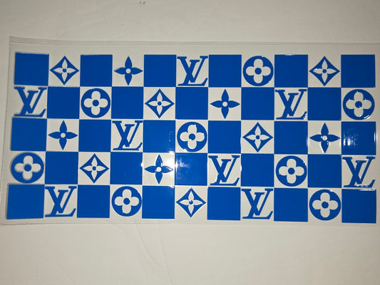 Blue & White Checkerboard Monogram Flower Tumbler Wrap | Luxury Style Drinkware Decal