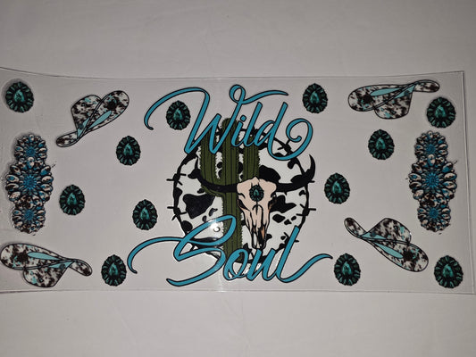 Wild Soul Western Skull Cactus Tumbler Wrap - Turquoise & Cowhide Design