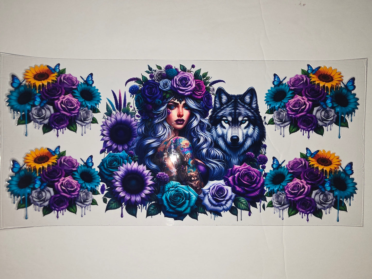 Mystic Wolf & Woman Tumbler Wrap | Purple Blue Floral Butterfly Drip Design