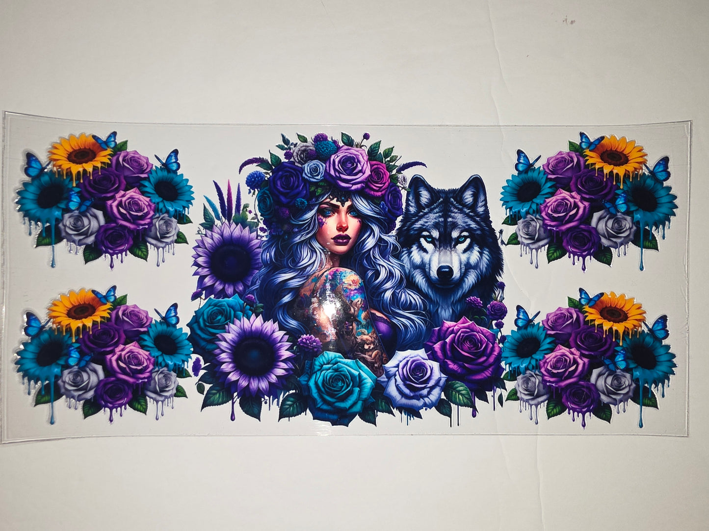 Mystic Wolf & Woman Tumbler Wrap | Purple Blue Floral Butterfly Design