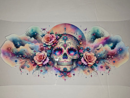 Whimsical Sugar Skull Tumbler Wrap - Floral & Galaxy Design - Pink, Blue, Purple