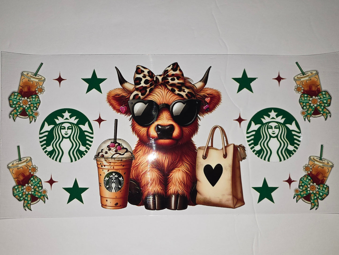 Cute Highland Cow Tumbler Wrap | Coffee Lover Design | Leopard Bow & Heart Bag | Sublimation Wrap