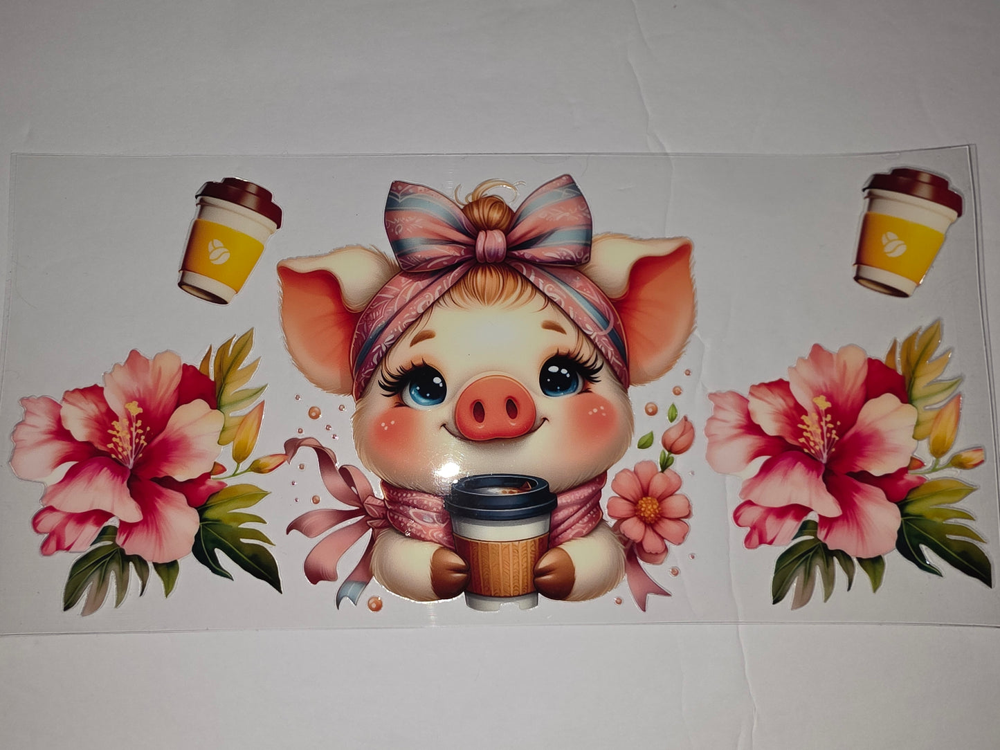 Cute Piggy Coffee Lover Tumbler Wrap | Pink Floral & Coffee Cup Design | Sublimation Wrap