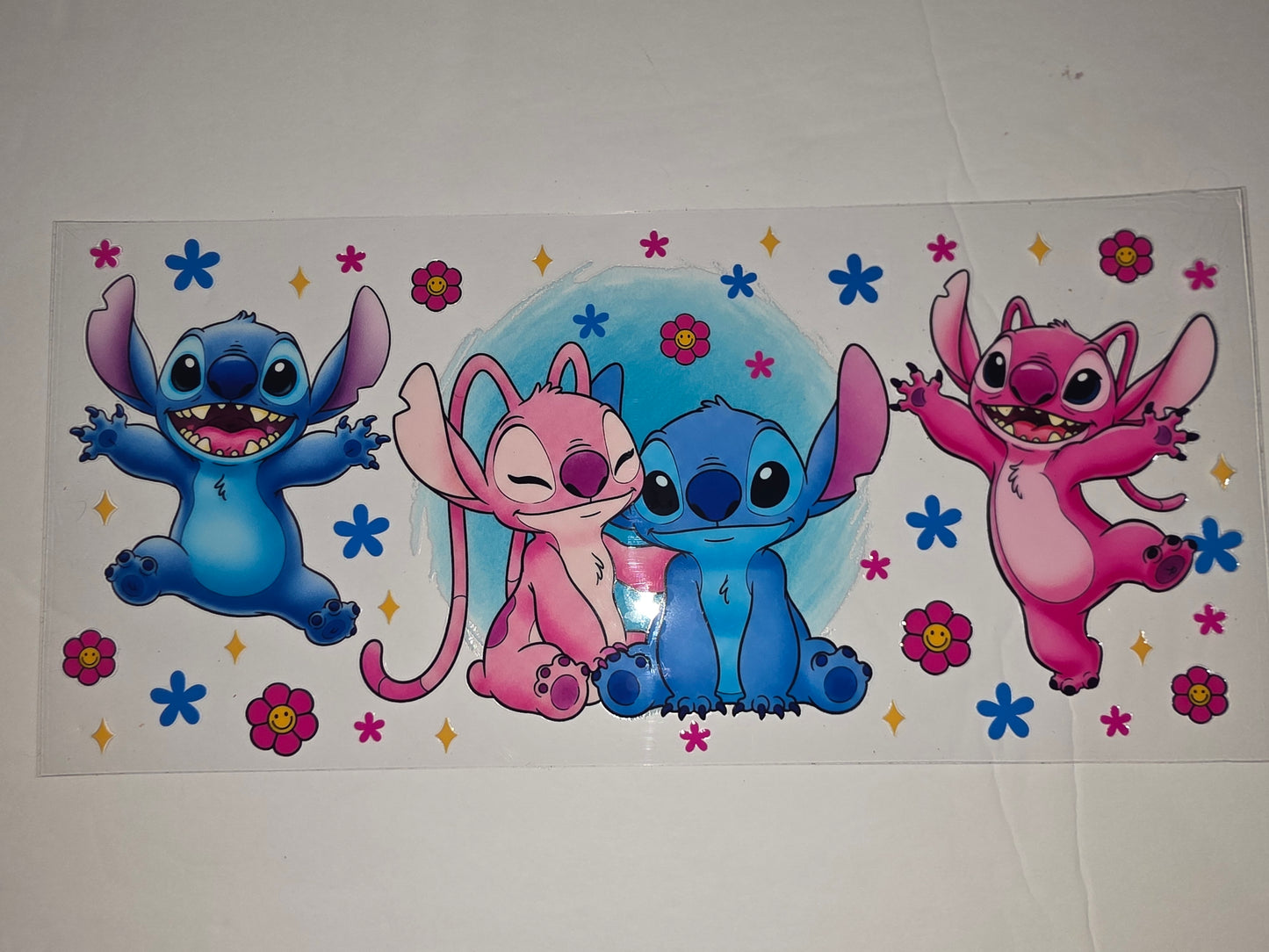 Cute Stitch & Angel Tumbler Wrap - Blue, Pink, Flowers, Stars - Sublimation Design