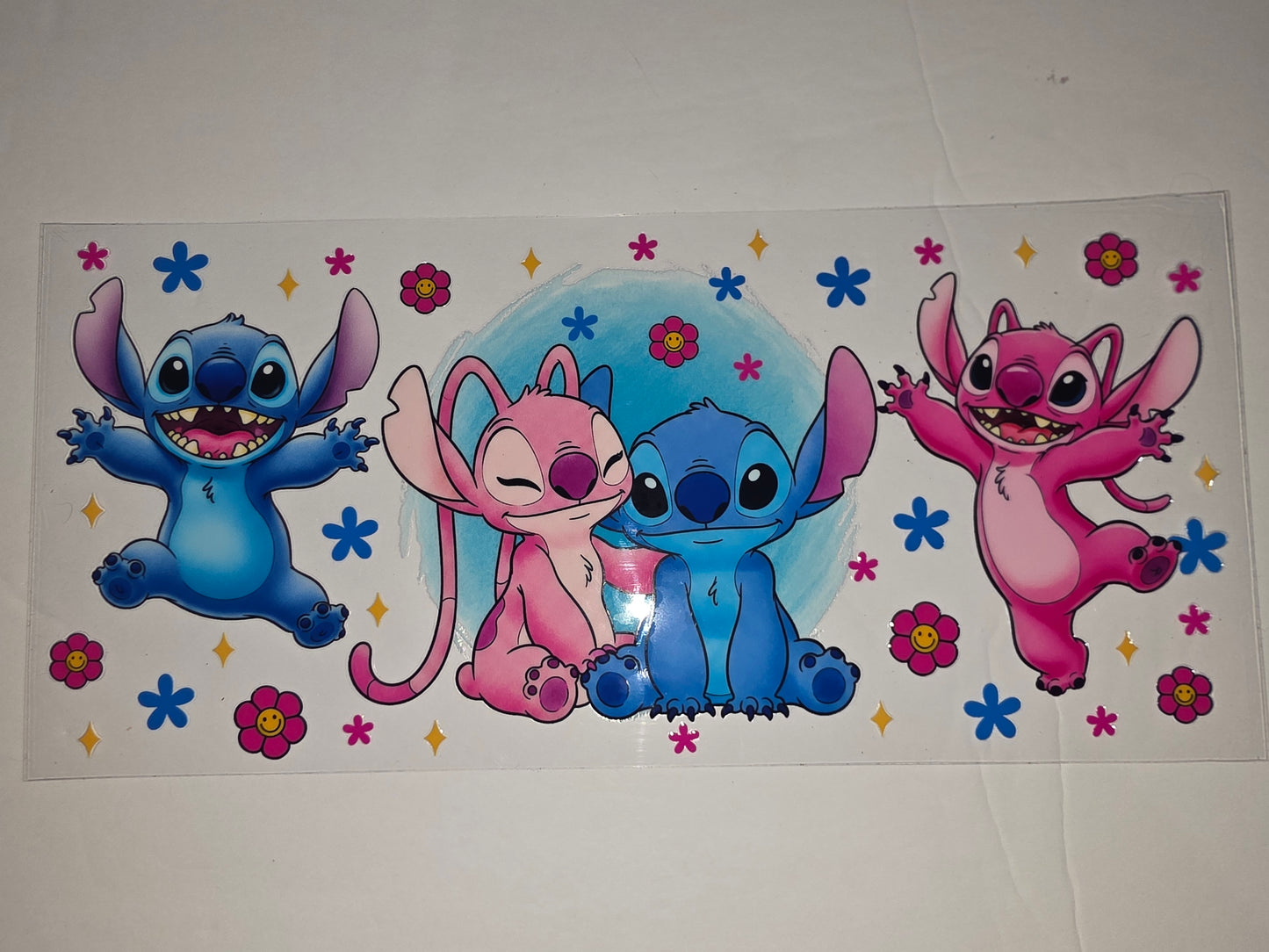 Cute Stitch & Angel Tumbler Wrap | Pink Blue Flower Stars Design | Sublimation Cup Decal