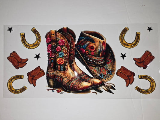 Boho Western Cowboy Boots & Hat Tumbler Wrap | Floral & Feather Design