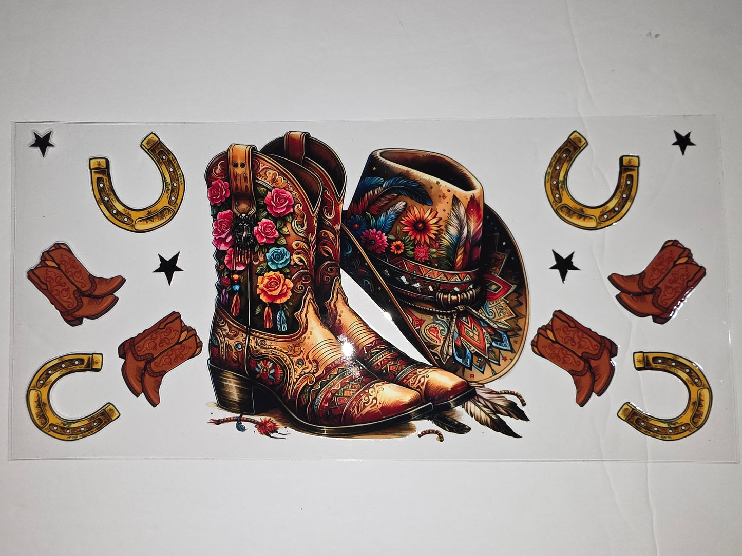 Boho Western Cowboy Boots & Hat Tumbler Wrap | Floral & Feather Design | Vibrant Colors