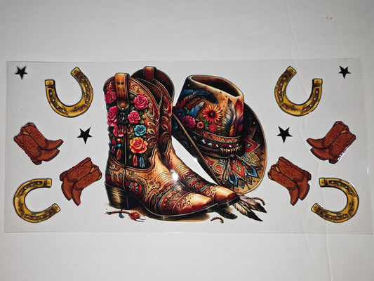 Boho Western Cowboy Boots & Hat Tumbler Wrap | Floral & Feather Design | Vibrant Colors