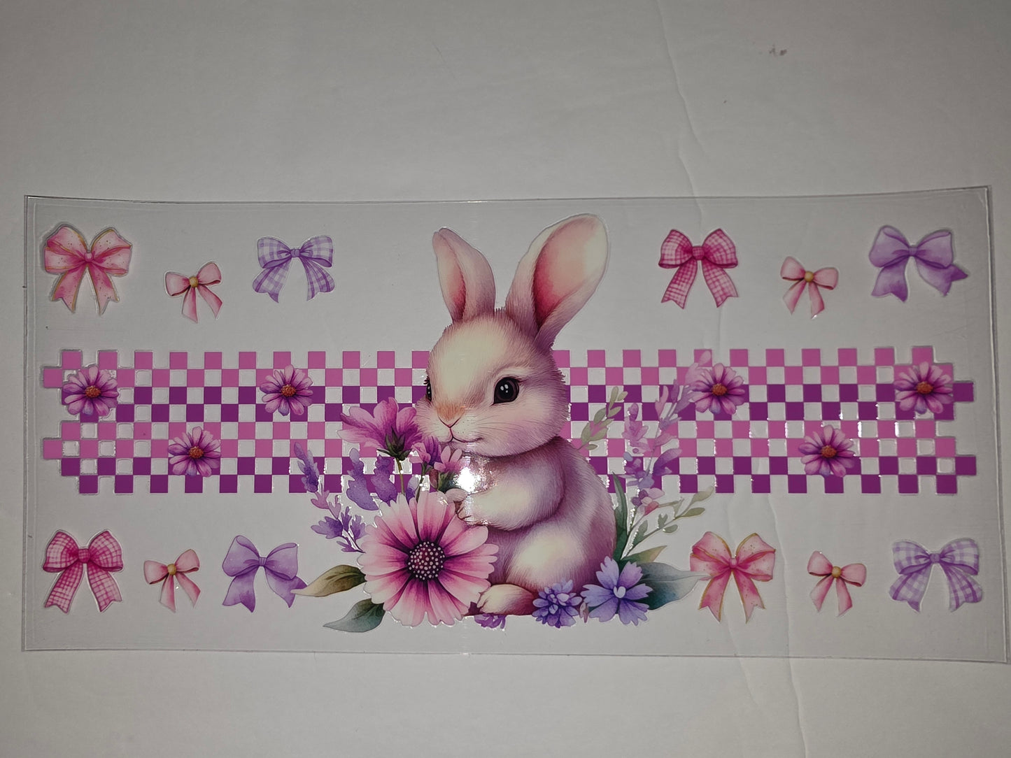 Cute Bunny Floral Tumbler Wrap - Pink Purple Bows & Gingham Pattern